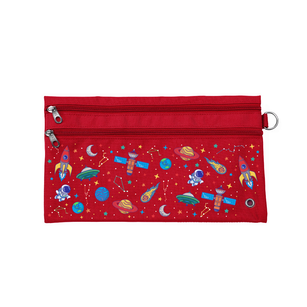 Harlequin Pencil Case in Red with Galaxy Boy design from the Harlequin Creatix Signature Series. Front view displaying two zip compartments, ventilation eyelet and D-ring.