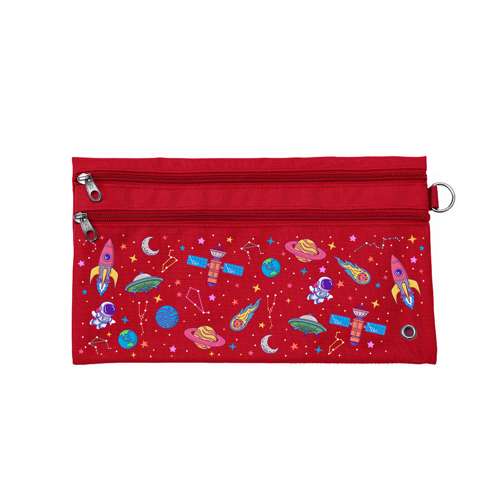 Harlequin Pencil Case in Red with Galaxy Girl design from the Harlequin Creatix Signature Series. Front view displaying two zip compartments, ventilation eyelet and D-ring.