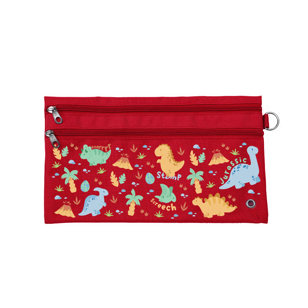 Harlequin Pencil Case in Red with Jurassic design from the Harlequin Creatix Signature Series. Front view displaying two zip compartments, ventilation eyelet and D-ring.