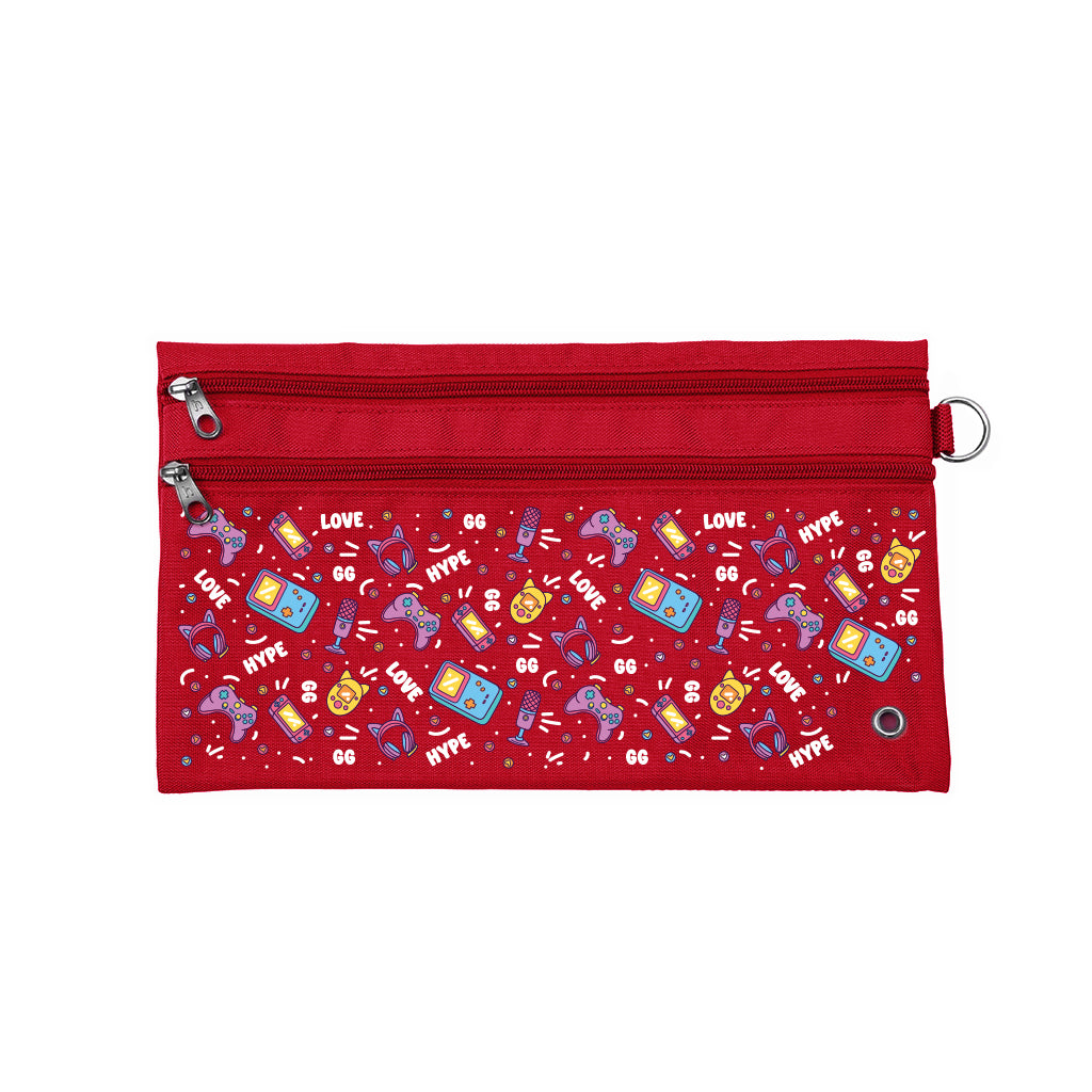Harlequin Pencil Case in Red with Pixel Chick design from the Harlequin Creatix Signature Series. Front view displaying two zip compartments, ventilation eyelet and D-ring.
