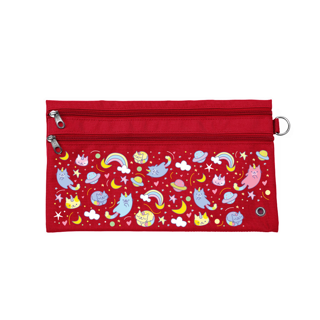 Harlequin Pencil Case in Red with Kittycorn design from the Harlequin Creatix Signature Series. Front view displaying two zip compartments, ventilation eyelet and D-ring.