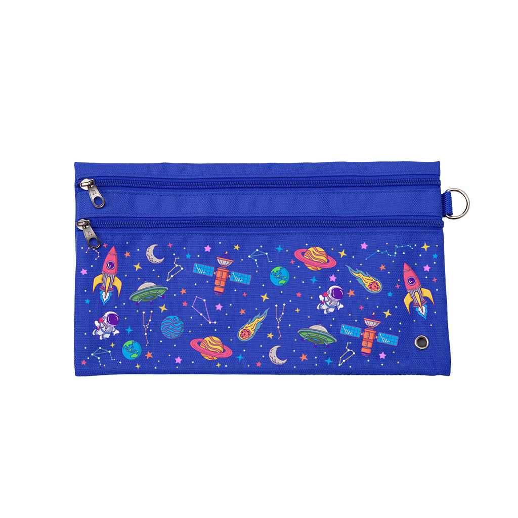 Harlequin Pencil Case in Royal Blue with Galaxy Girl design from the Harlequin Creatix Signature Series. Front view displaying two zip compartments, ventilation eyelet and D-ring.