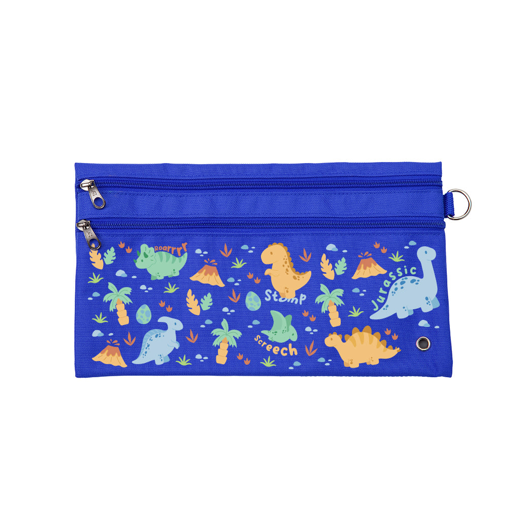 Harlequin Pencil Case in Royal Blue with Jurassic design from the Harlequin Creatix Signature Series. Front view displaying two zip compartments, ventilation eyelet and D-ring.