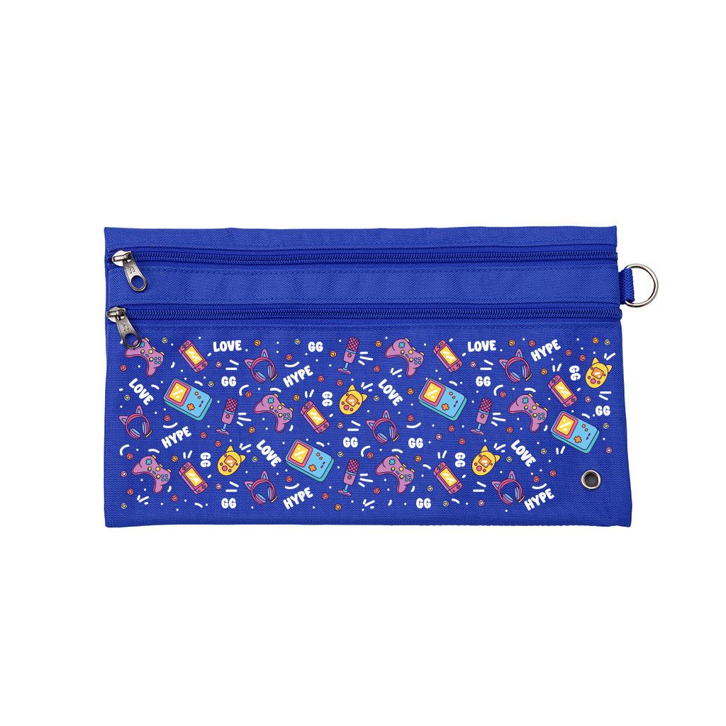 Harlequin Pencil Case in Royal Blue with Pixel Chick design from the Harlequin Creatix Signature Series. Front view displaying two zip compartments, ventilation eyelet and D-ring.