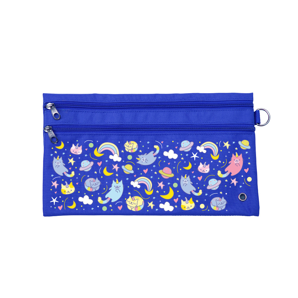 Harlequin Pencil Case in Royal Blue with Kittycorn design from the Harlequin Creatix Signature Series. Front view displaying two zip compartments, ventilation eyelet and D-ring.