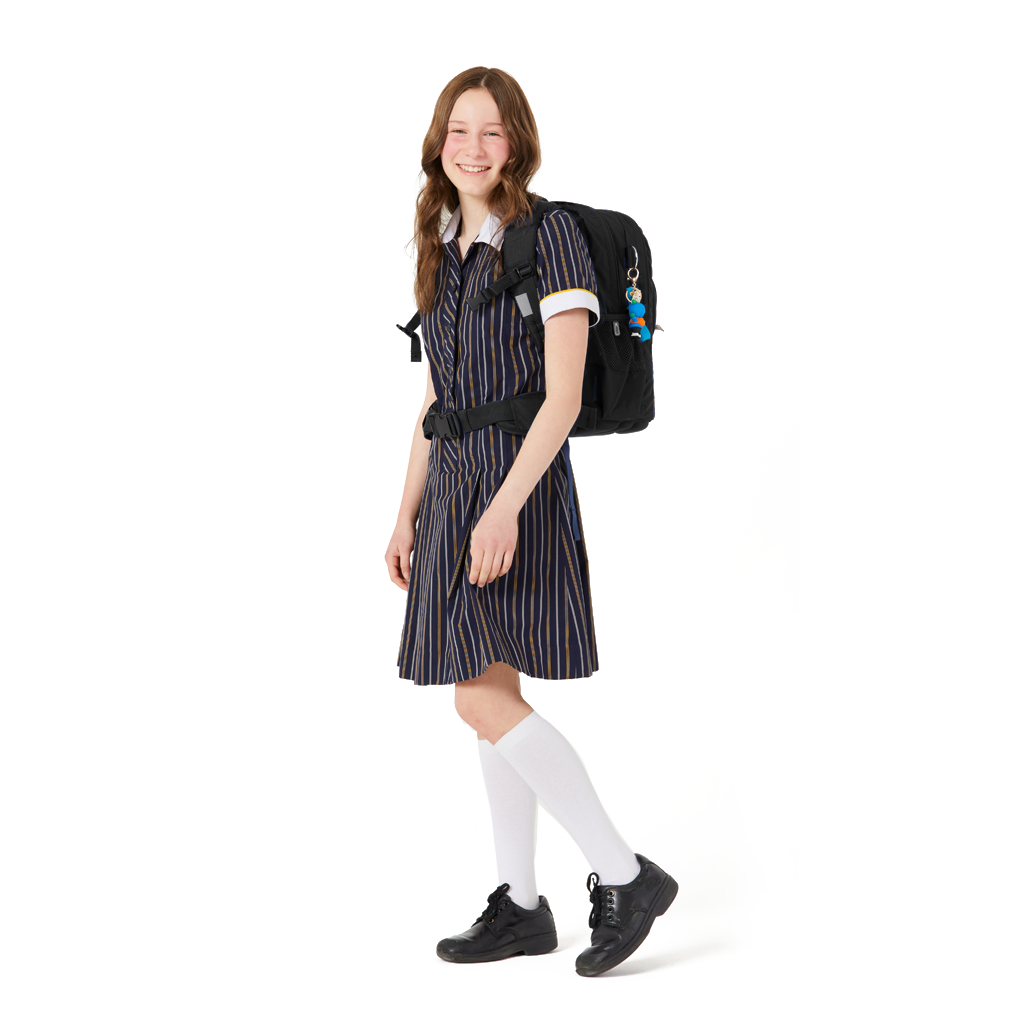 13 year old child model in school uniform wearing on her back the Harlequin Osteo Senior Backpack in black.