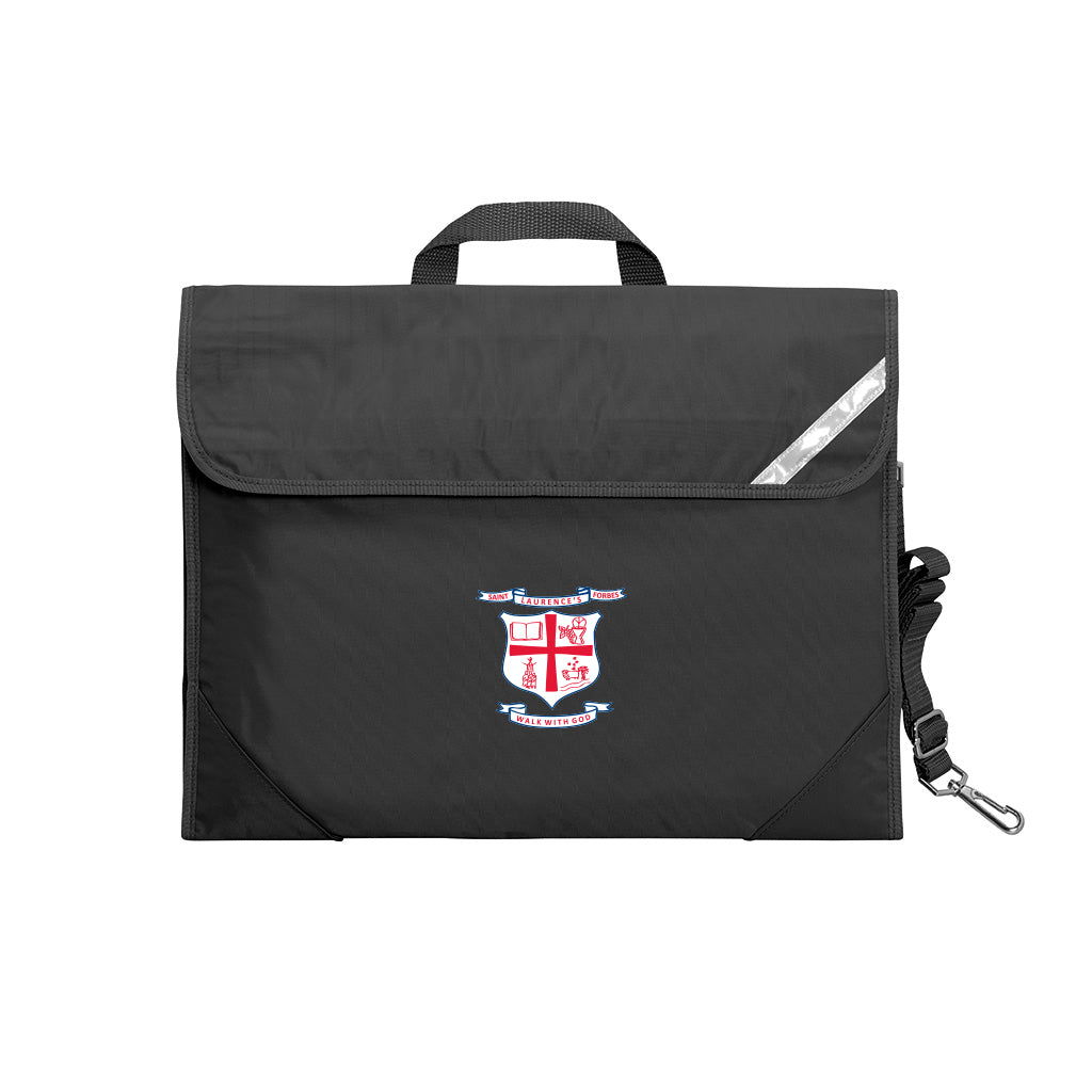 Harlequin Safety Library bag in black displaying carry handle, velcro opening, shoulder strap, reflector safety strip, reinforced corners and Hope Christian College logo