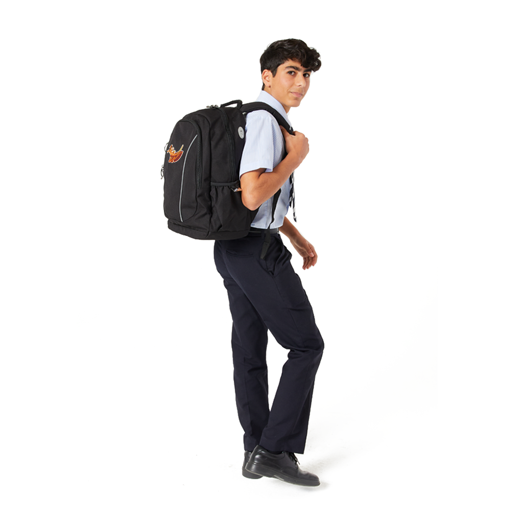 14 year old model in school uniform wearing on his back the Harlequin Study Backpack in Black with personalisation.