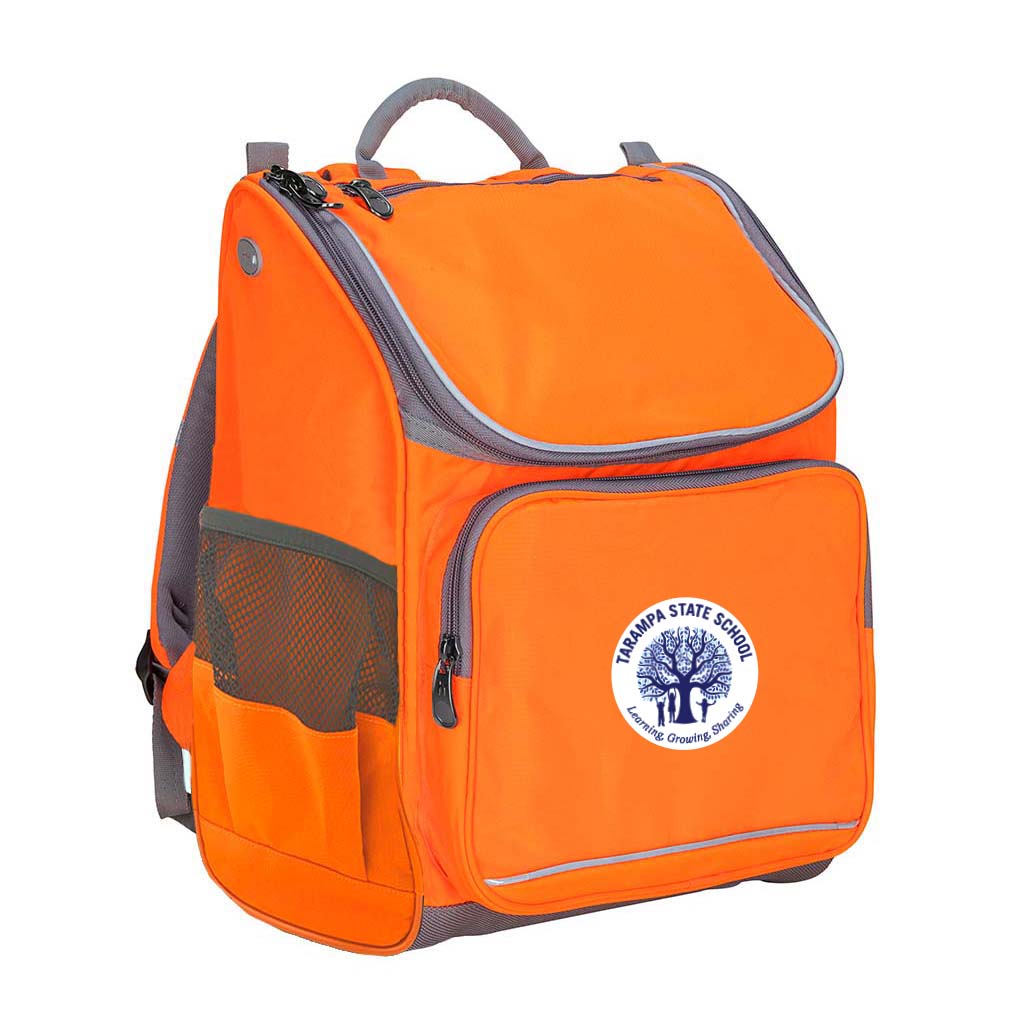 Mighty backpack in colour Hi-Viz Orange, front side angle displaying carry handle, padded shoulder straps, top zipper compartment, front zipper pocket and mesh water bottle holder with Tarampa State School logo