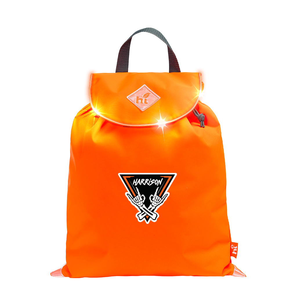 Harlequin VIVID Hi-Vi orange Excursion bag with personalisation. Front view showing reflective shoulder corners, top strap, easy open secure velcro flap with drawstring toggle and the built in Flashing LED System.
