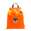 Harlequin VIVID Hi-Vi orange Excursion bag with personalisation. Front view showing reflective shoulder corners, top strap, easy open secure velcro flap with drawstring toggle and the built in Flashing LED System.
