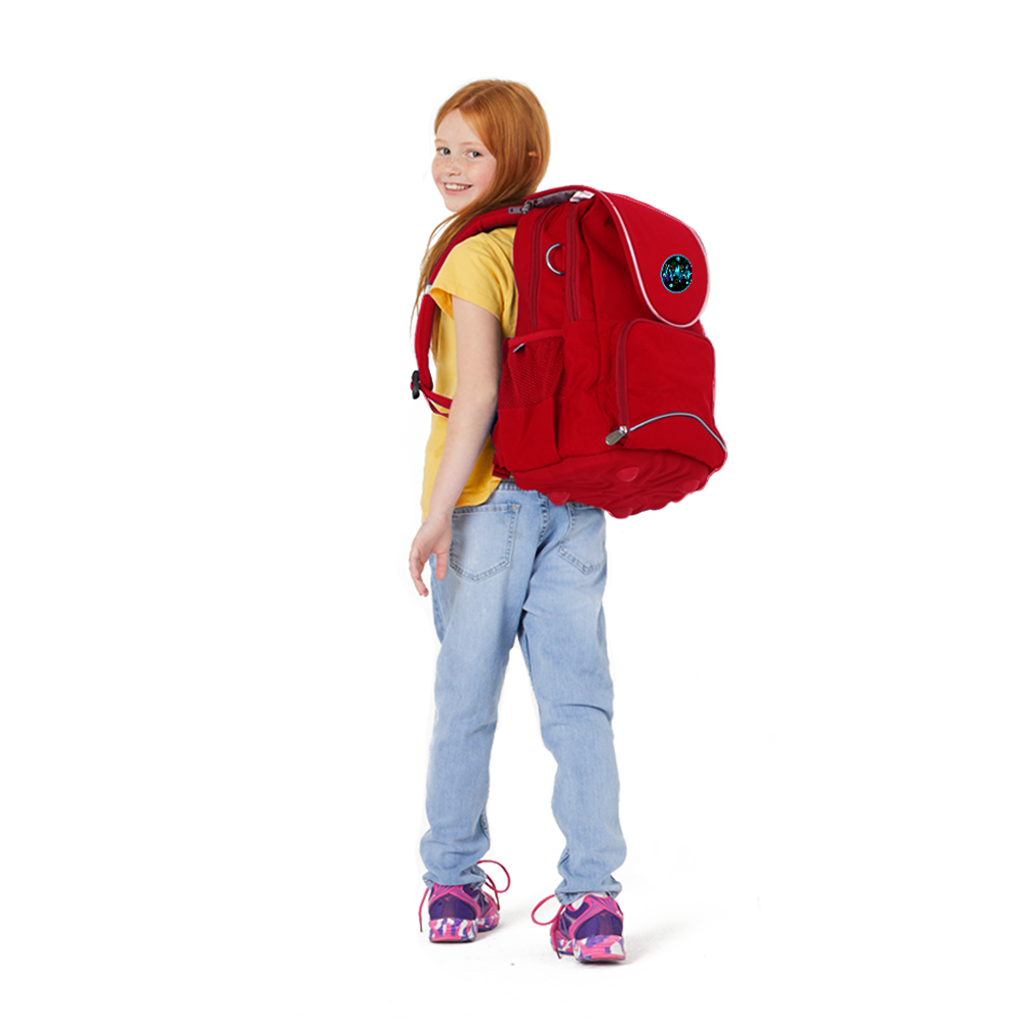 8 year old child model in casual clothes wearing on her back the VIVID Ergo backpack in red, with personalisation.