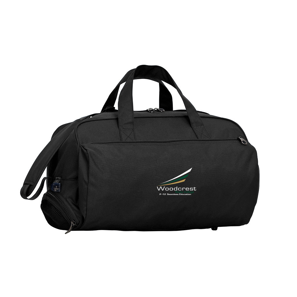 Black Harlequin sport Bag front angle displaying carry handles, top zip compartment, front lower zip compartment and shoulder strap with Woodcrest State College logo