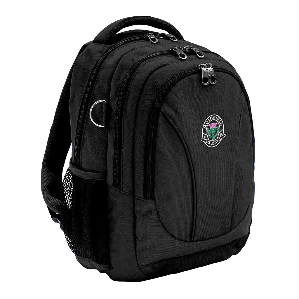Black ergonomic backpack with spinal support, three compartments, padded laptop pocket, phone pocket, water bottle holder, and D-ringÑdesigned for comfort and style and Muirfield High School logo