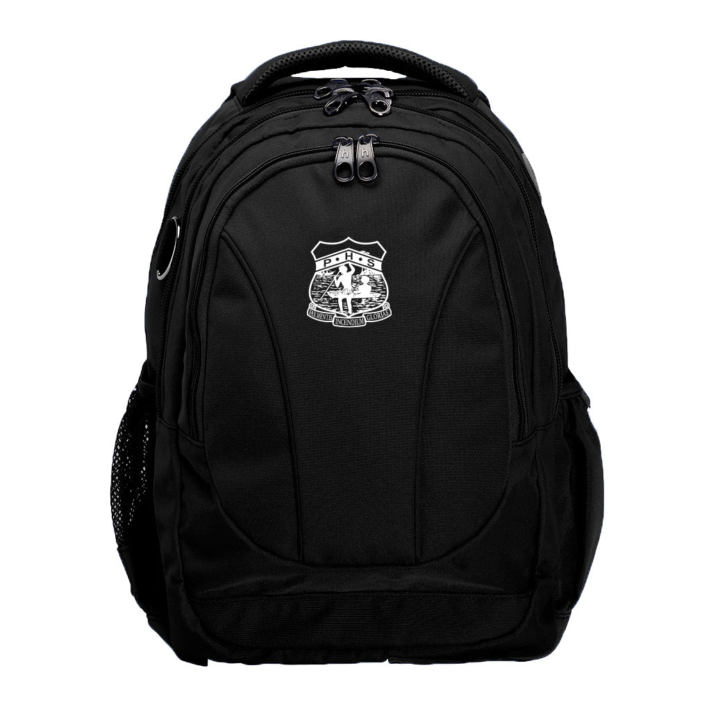 Harlequin Anatomic Tuff-Pack backpack front angle in black with Parramatta High logo