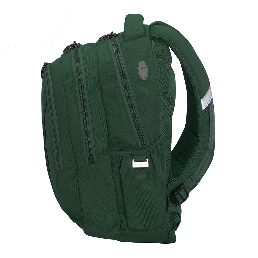 Harlequin Anatomic Tuff-Pack backpack sideview with earphone hole in bottle green