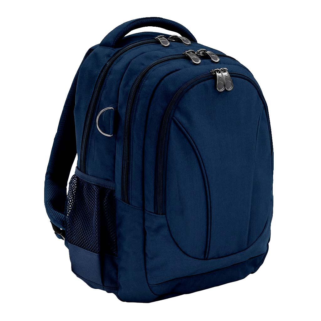 Navy ergonomic backpack with spinal support, three compartments, padded laptop pocket, phone pocket, water bottle holder, and D-ring designed for comfort and style