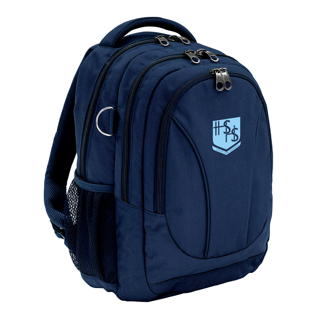 Harlequin Anatomic Tuff-Pack backpack front angle in navy blue with The Hills Logo