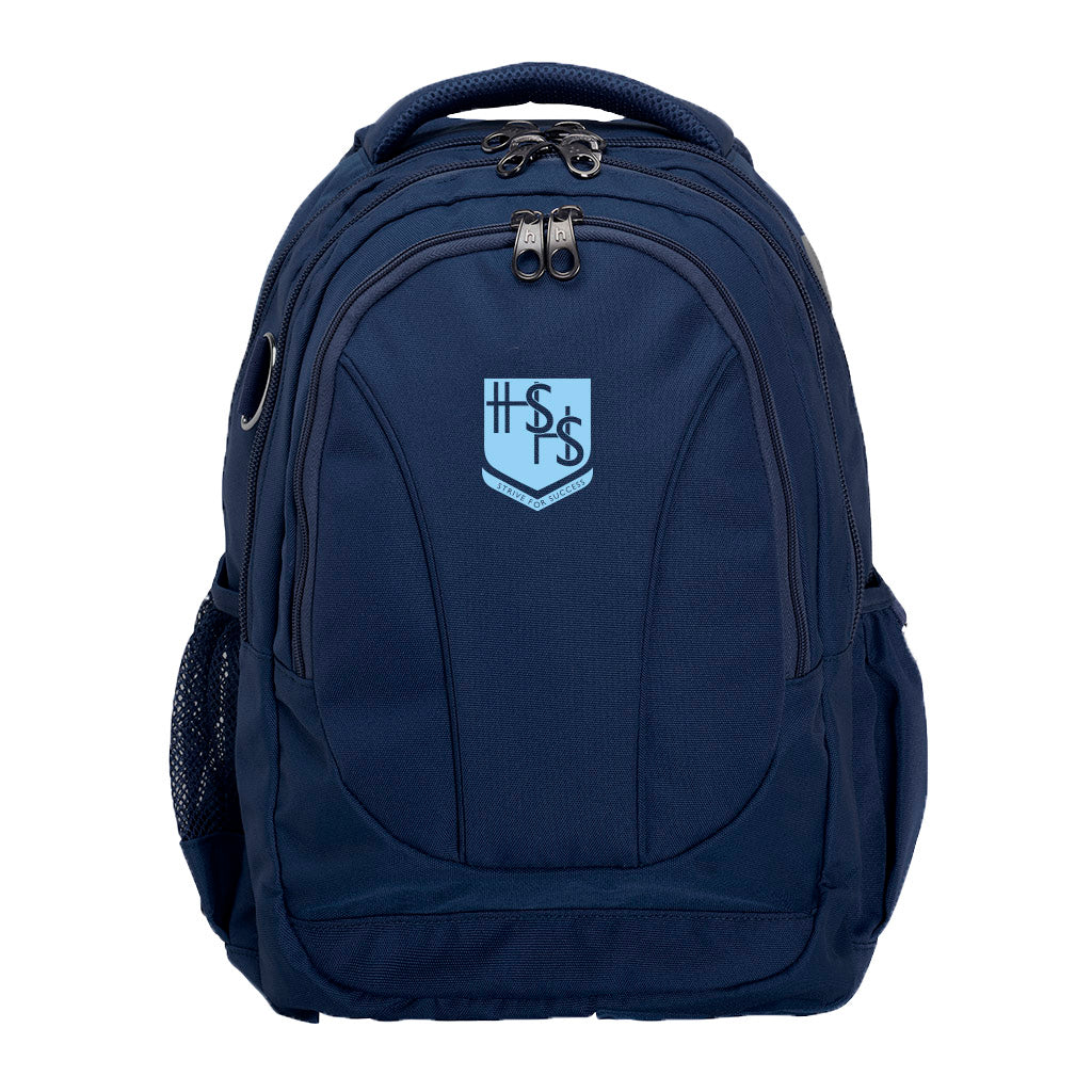 Harlequin Anatomic Tuff-Pack backpack front view in navy blue with The Hills Logo