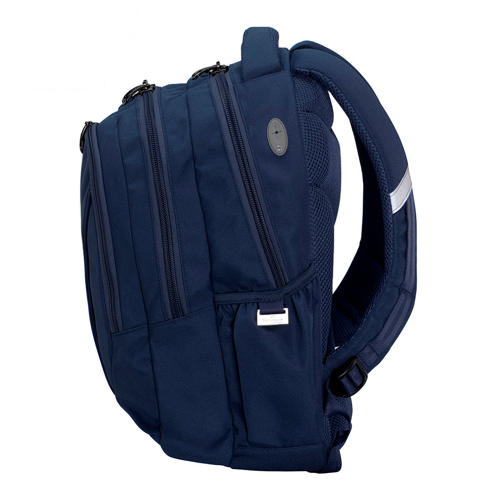 Harlequin Anatomic Tuff-Pack backpack sideview with earphone hole in navy blue