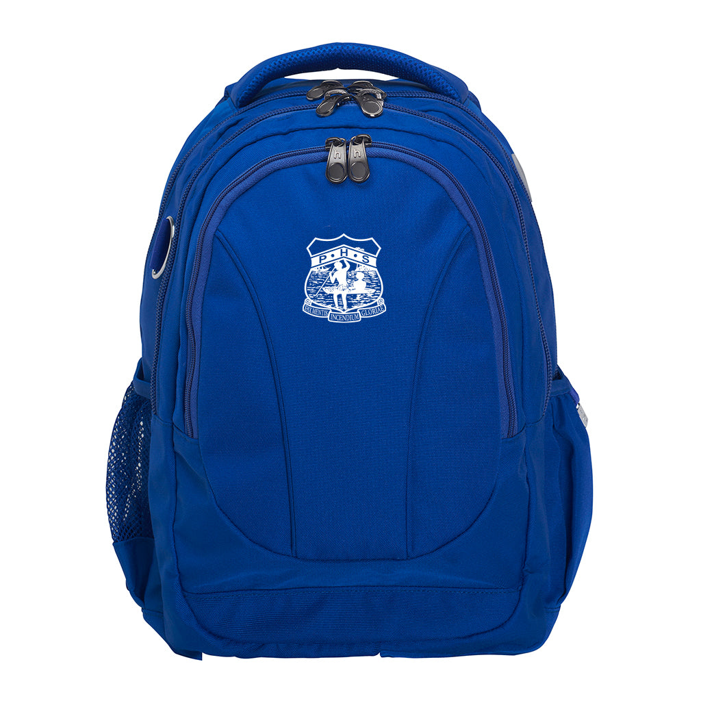 Harlequin Anatomic Tuff-Pack backpack front angle in black with Parramatta High logo
