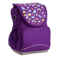 Harlequin Ergo Tuff-Pack backpack in Purple with Kittycorn design from the Harlequin Creatix signature series. Front side angle, padded shoulder straps, two zipper compartments, front zipper pocket, D ring and mesh water bottle.