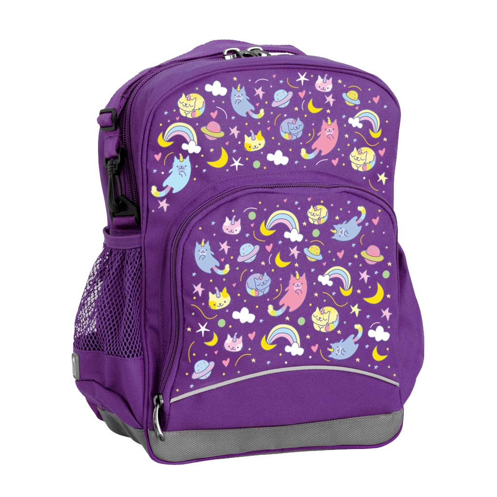 Harlequin Kindy Tuff-Pack Junior Backpack in Purple featuring Kittycorn design from the Harlequin Creatix signature series. Angled view showing front pocket, drink bottle pocket, and ergonomic shoulder strap.