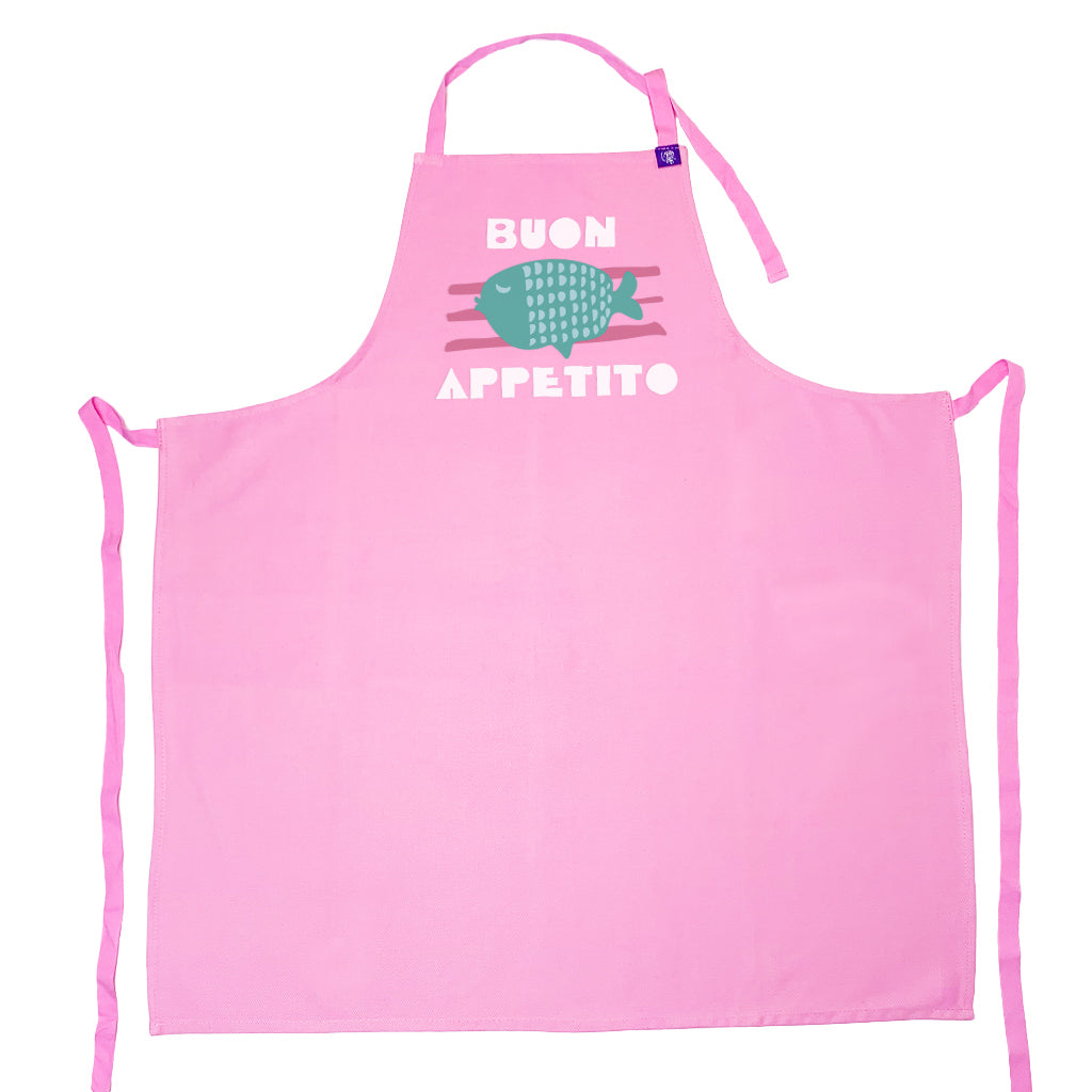 Pink cotton apron with Buon Appetito Design, for cooking, bbq, crafting and creating art
