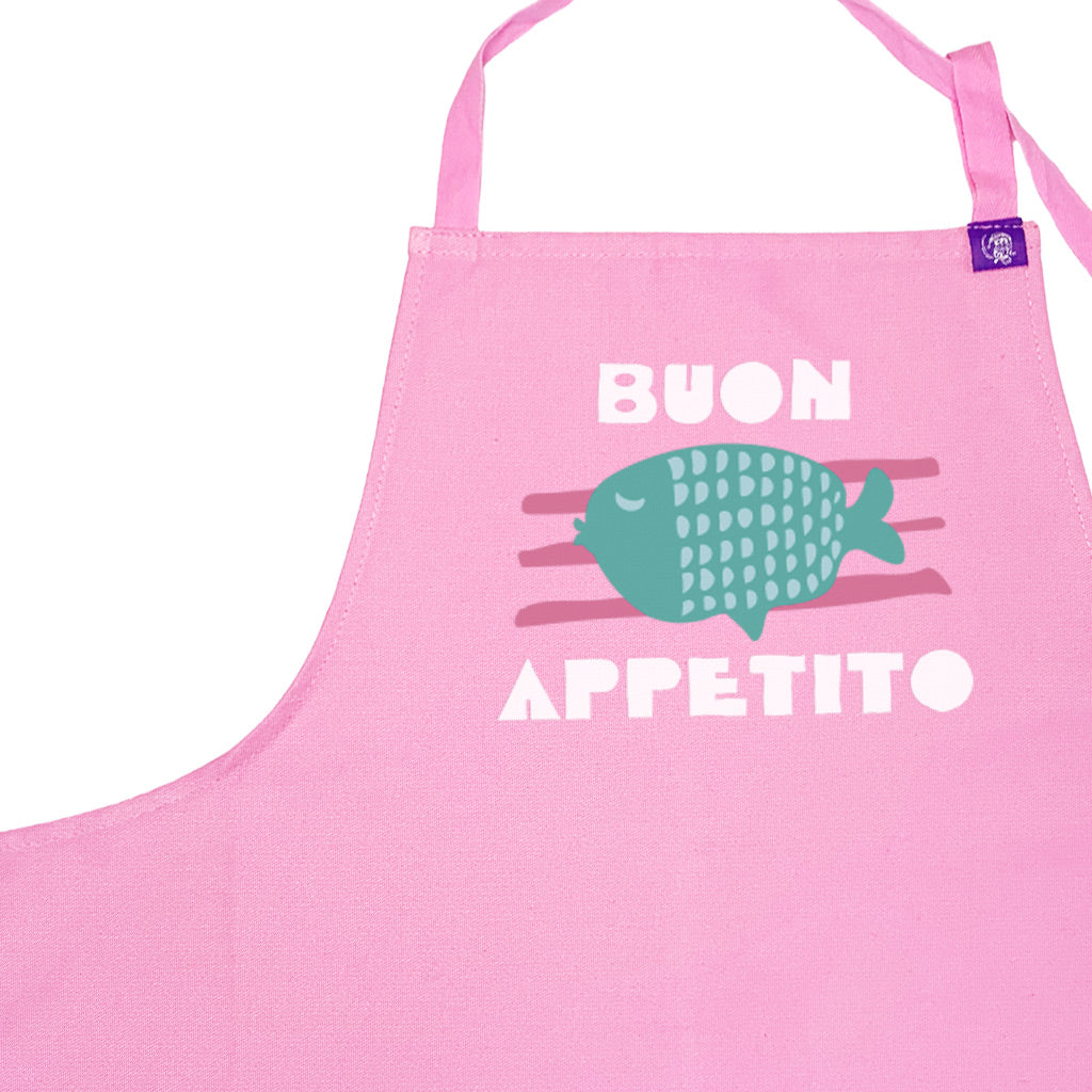 Pink cotton apron with Buon Appetito Design, for cooking, bbq, crafting and creating art