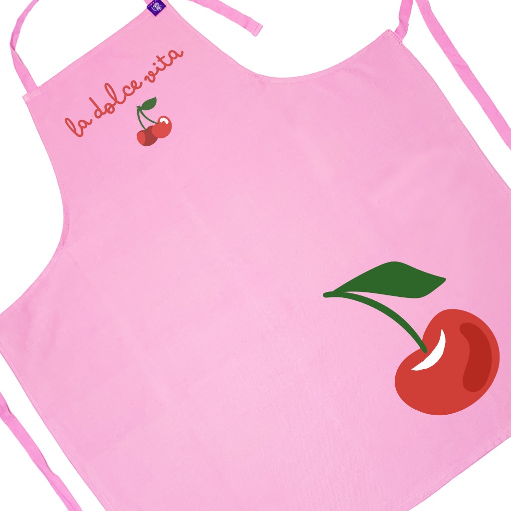 Pink cotton apron with La Dolce Vita Design, for cooking, bbq, crafting and creating art