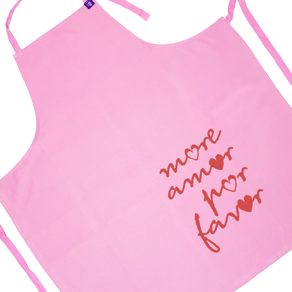 Pink cotton apron with More Amore Por Favor Design, for cooking, bbq, crafting and creating art
