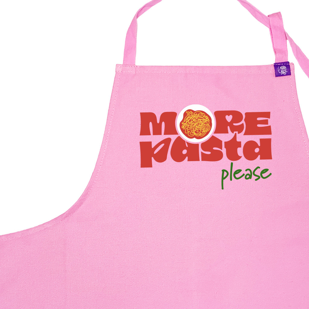 Pink cotton apron with More Pasta Please Design, for cooking, bbq, crafting and creating art