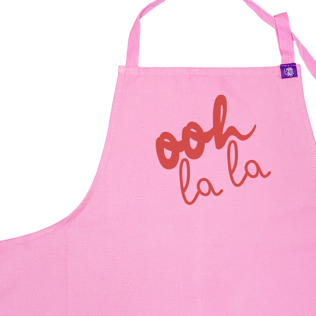 Pink cotton apron with Ooh La La Design, for cooking, bbq, crafting and creating art