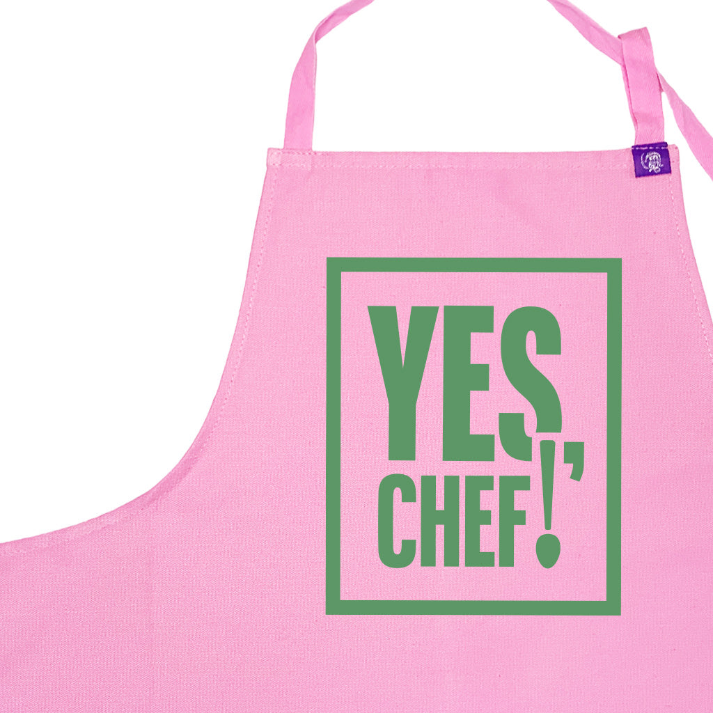 Pink cotton apron with Yes Chef Design, for cooking, bbq, crafting and creating art