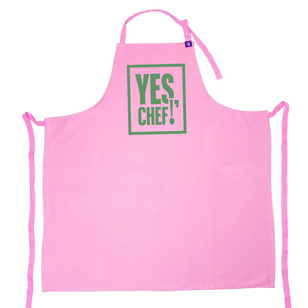 Pink cotton apron with Yes Chef Design, for cooking, bbq, crafting and creating art