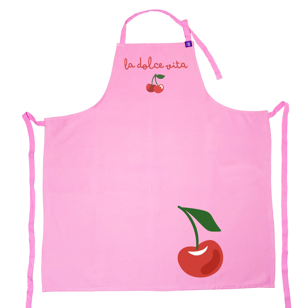 Pink cotton apron with La Dolce Vita Design, for cooking, bbq, crafting and creating art