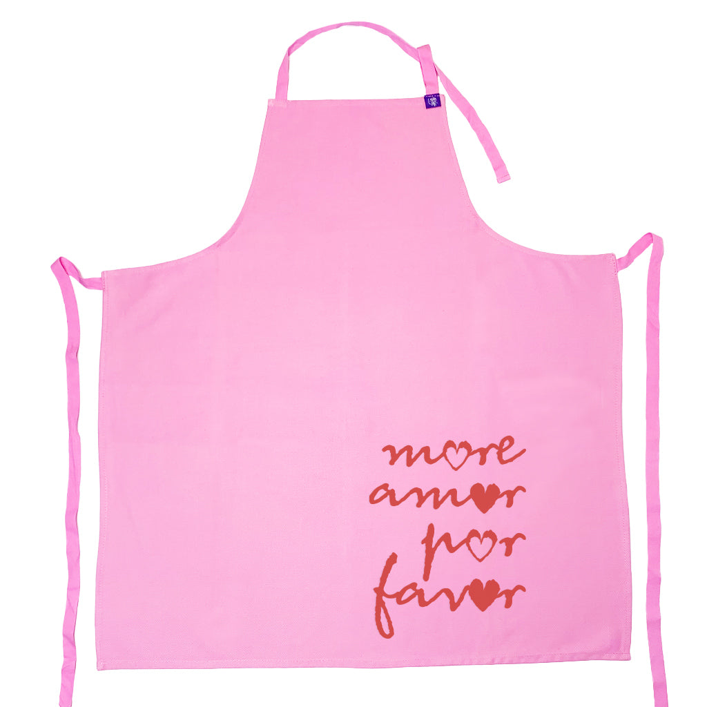 Pink cotton apron with More Amore Por Favor Design, for cooking, bbq, crafting and creating art