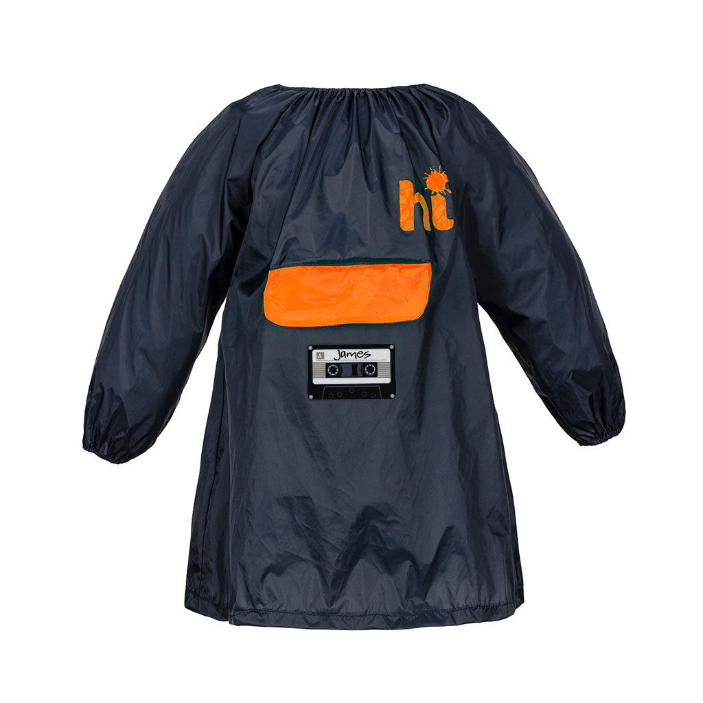 Navy Harlequin Art Smock with orange pocket and personalised cassette design