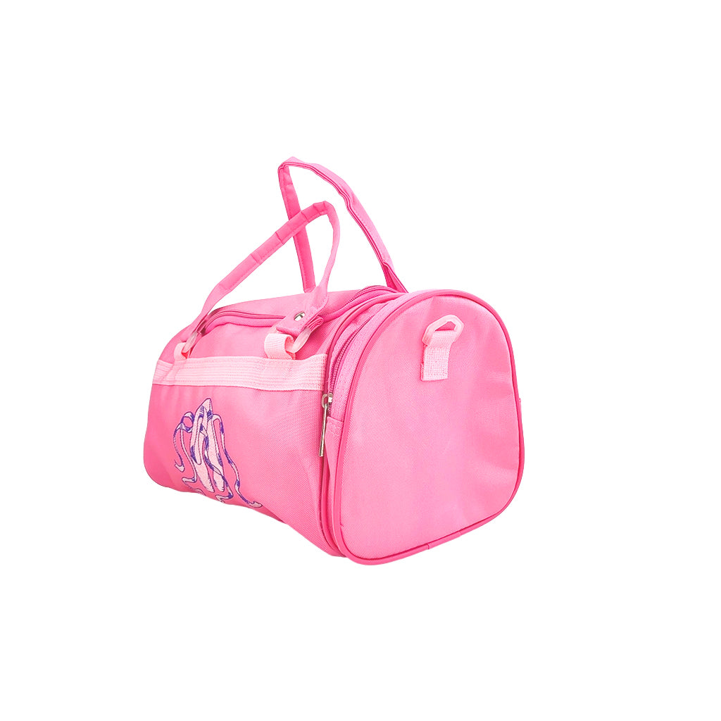 Ballet dance bag with special ballet design details angled with pink handles and side pocket with zipper