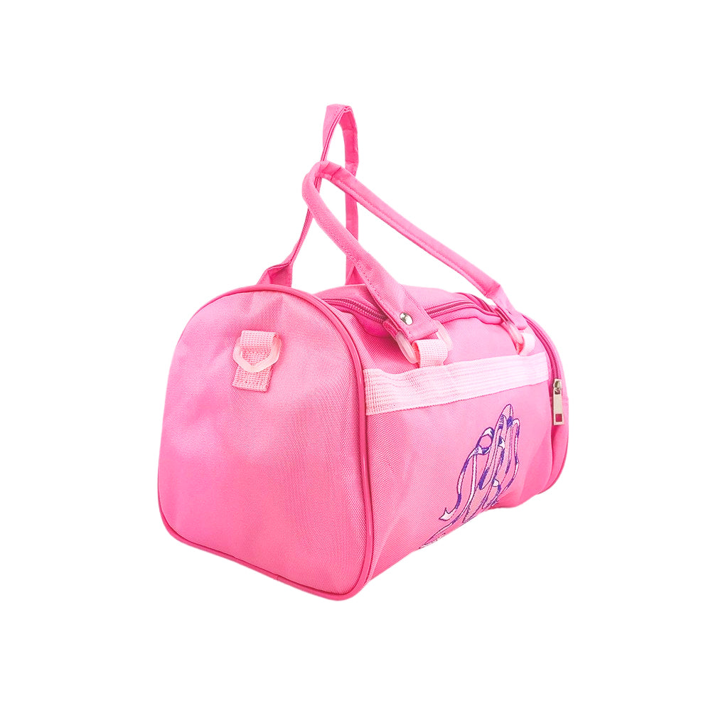 Ballet dance bag with special ballet design details angled with pink handles