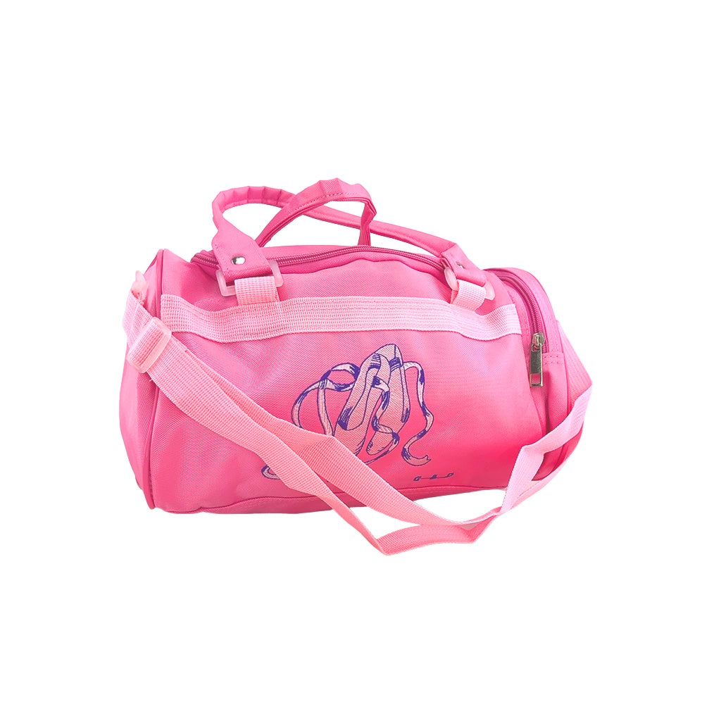 Ballet dance bag with special ballet design details angled with pink handles and side pocket with zipper. The bag also has a detachable and adjustable strap