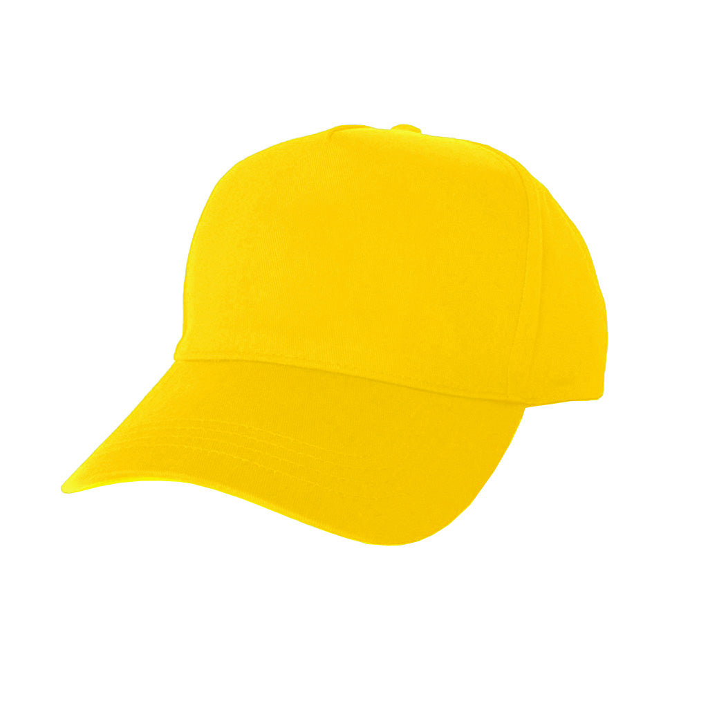 Harlequin yellow baseball hat displaying a soft cap with a rounded crown and a stiff ball sitting on the top of the hat