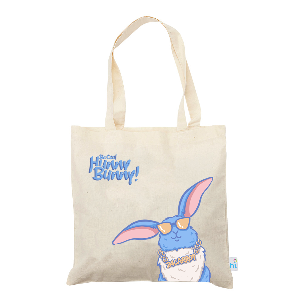 Harlequin Calico bag in natural colour, displaying cool and colourful bunny design with long shoulder straps.
