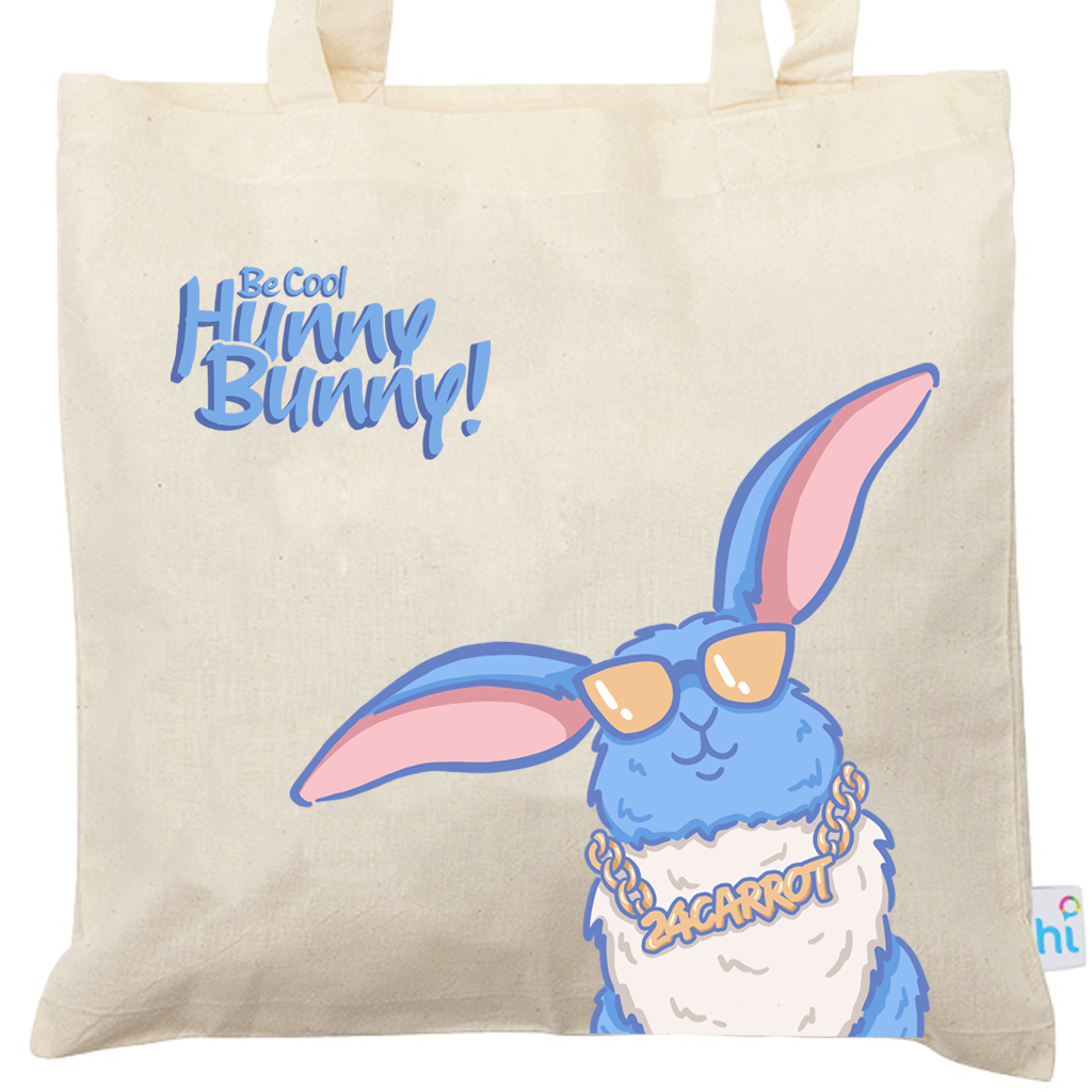 Harlequin Calico bag in natural colour, displaying cool and colourful bunny design with long shoulder straps.