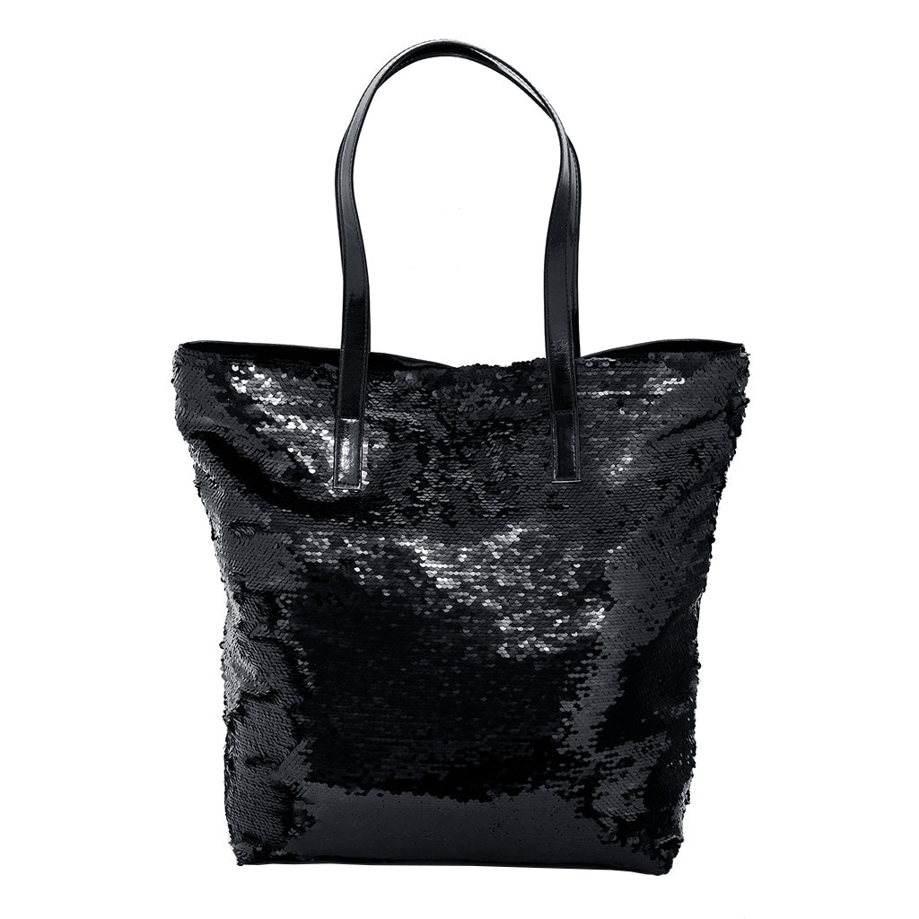 Better Tote black sequence bag front \view displaying long carry handle, with reversible black sequins covering the whole front of the bag