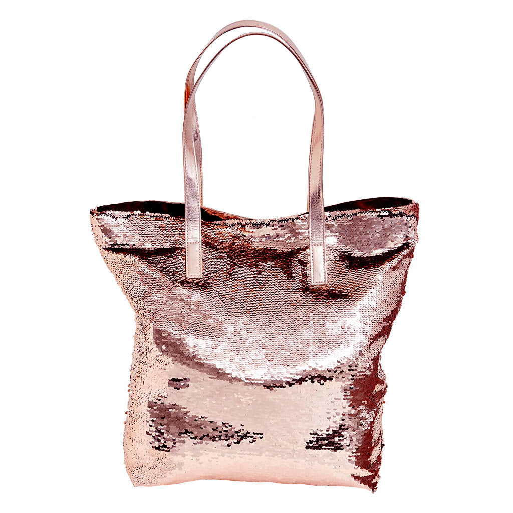 Better Tote rose gold sequence bag with long carry handle, with long over the shoulder straps, reversible rose gold sequins covering the whole front of the bag