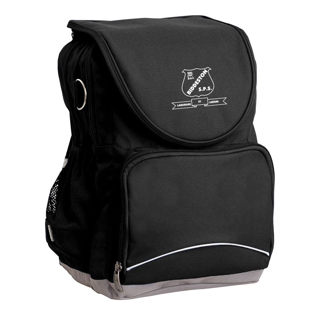 Biddeston State School Ergo Tuff-Pack backpack Black. Front side angle, padded shoulder straps, two zipper compartments, front zipper pocket, D-Ring and mesh water bottle.
