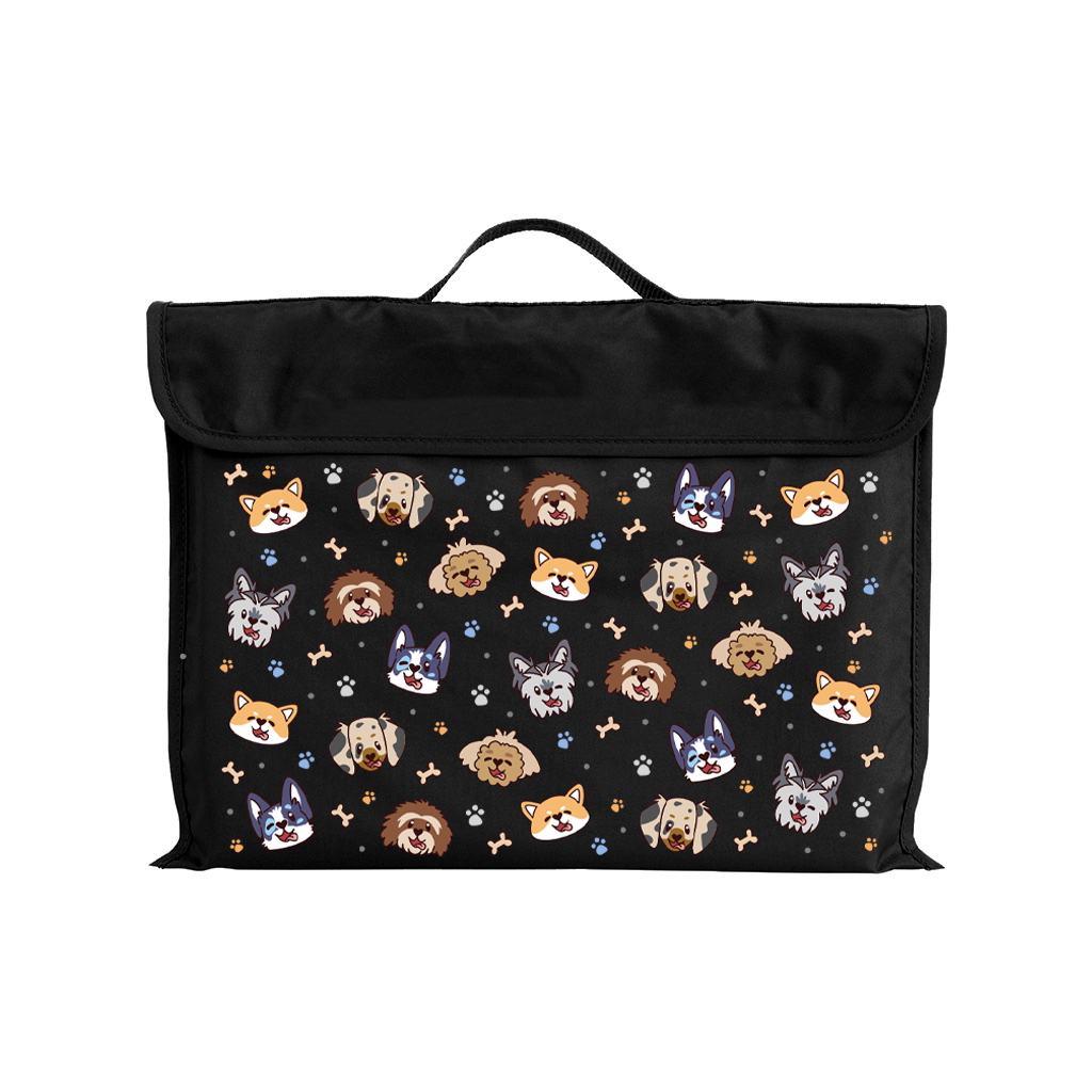 Harlequin Eco Library bag in Black with Puppy Pals design from the Harlequin Creatix Signature Series. Front view displaying carry handle, velcro flap opening, and PET recycled water repellent fabric.