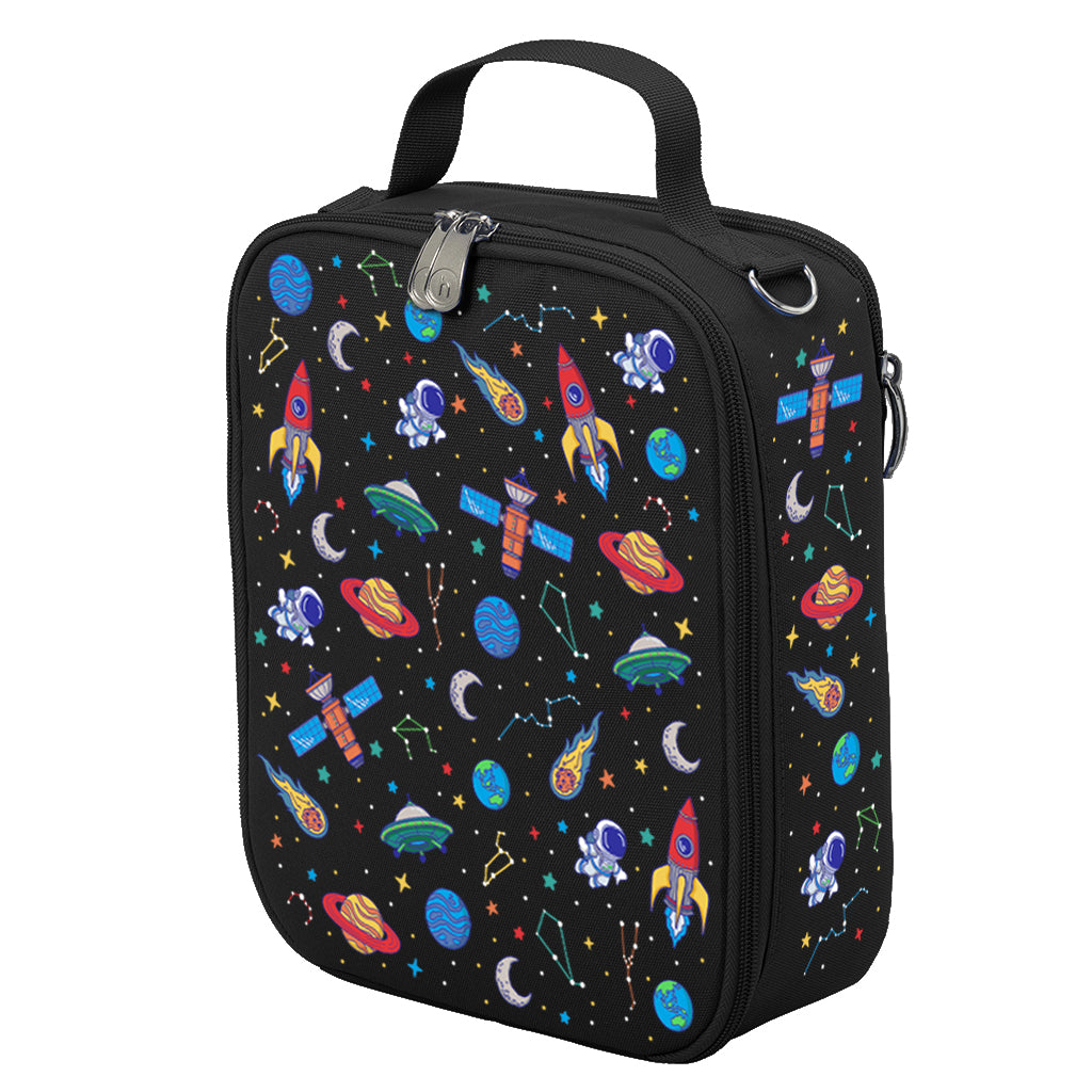 Harlequin Large Lunch bag in Black with Galaxy Boy design from the Harlequin Creatix Signature Series. Front angle view displaying top handle, quality zippers and D-Rings with additional shoulder strap.