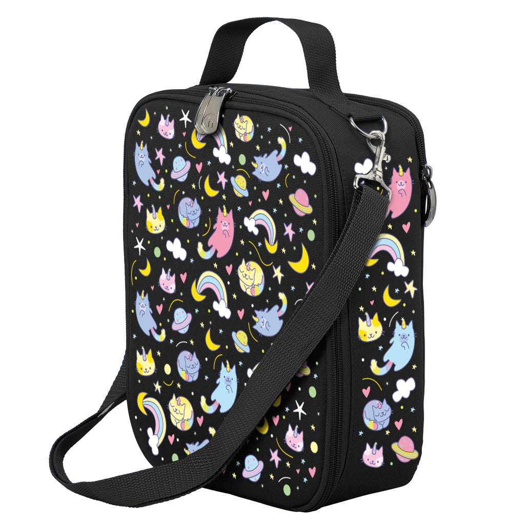 Harlequin Large Lunch bag in Black with Kittycorn design from the Harlequin Creatix Signature Series. Front angle view displaying top handle, quality zippers and D-Rings with additional shoulder strap.